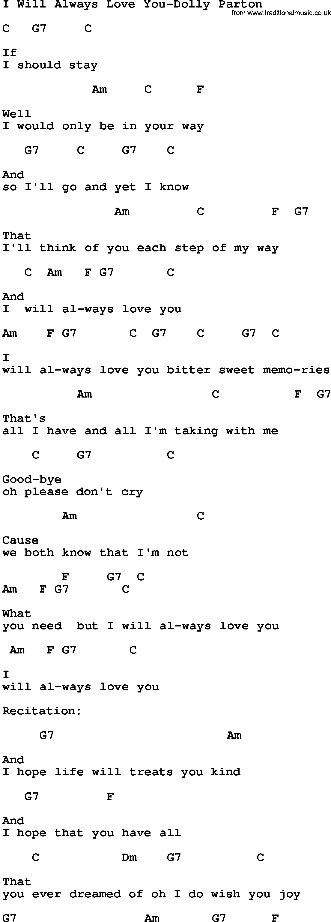 Country music song: I Will Always Love You-Dolly Parton lyrics and chords