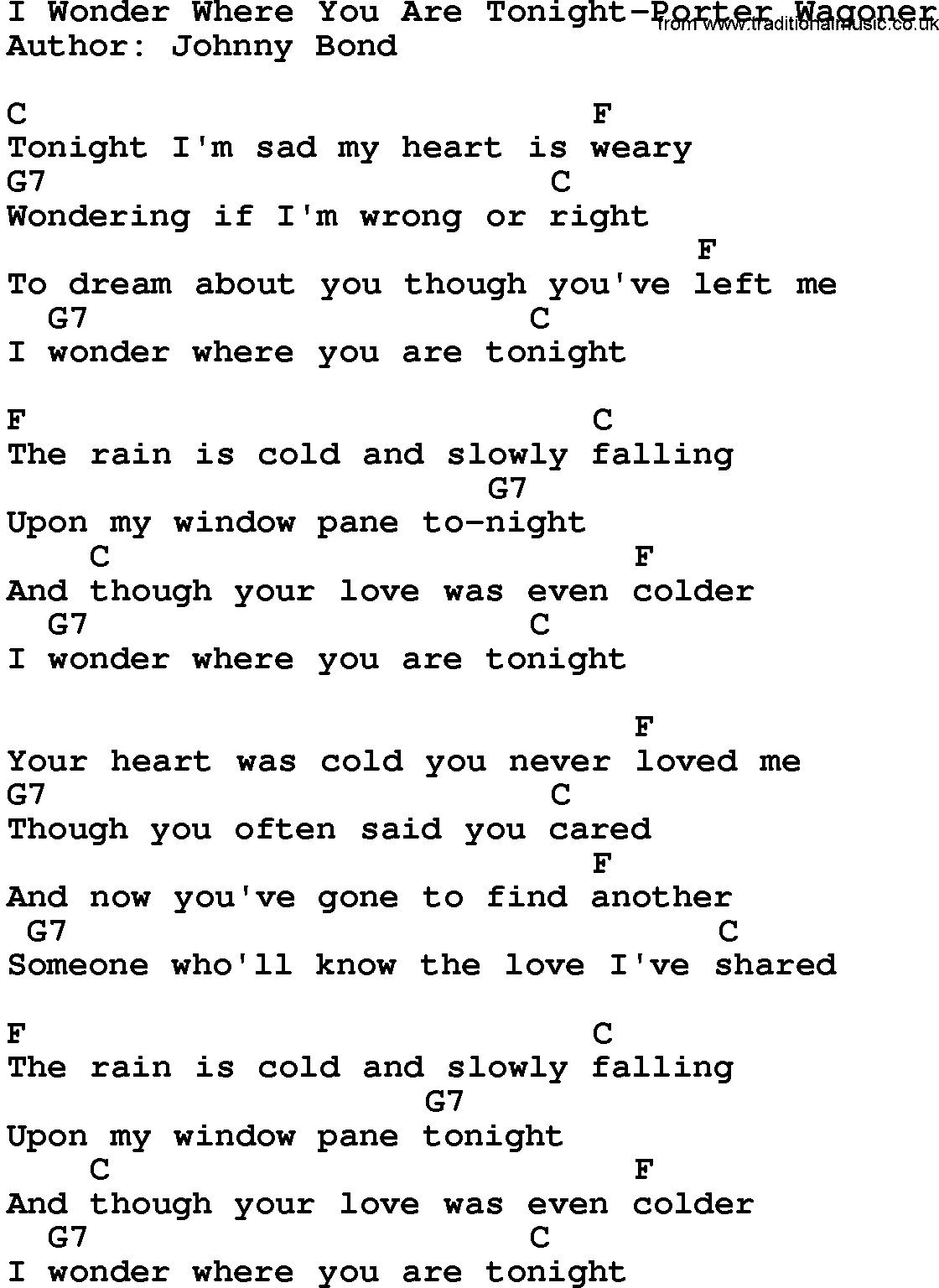 Country music song: I Wonder Where You Are Tonight-Porter Wagoner lyrics and chords