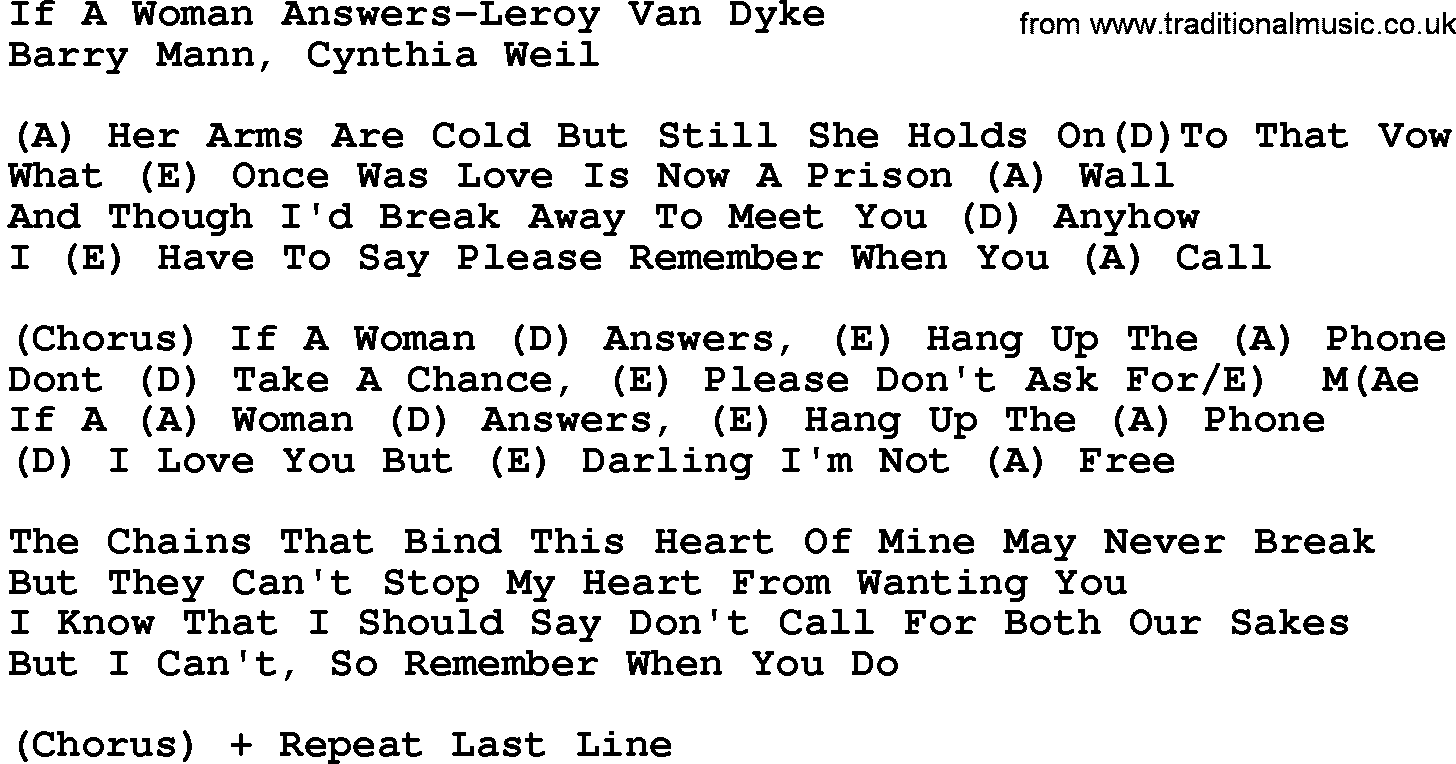 Country music song: If A Woman Answers-Leroy Van Dyke lyrics and chords