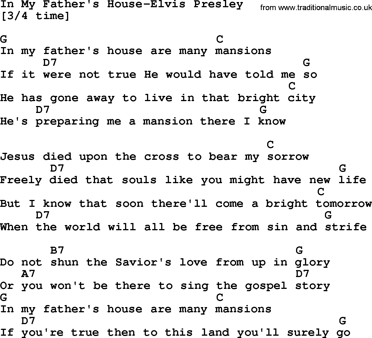Country music song: In My Father's House-Elvis Presley lyrics and chords