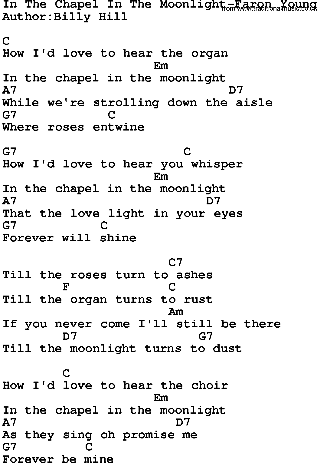 Country music song: In The Chapel In The Moonlight-Faron Young lyrics and chords