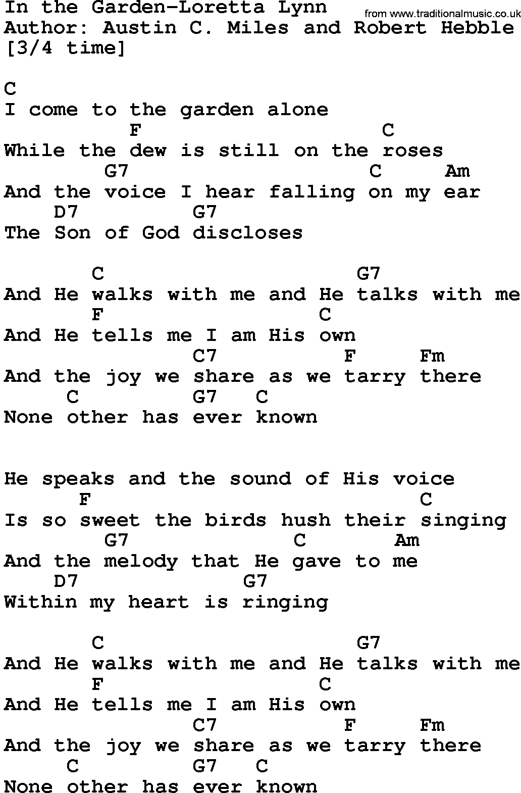 Country music song: In The Garden-Loretta Lynn lyrics and chords