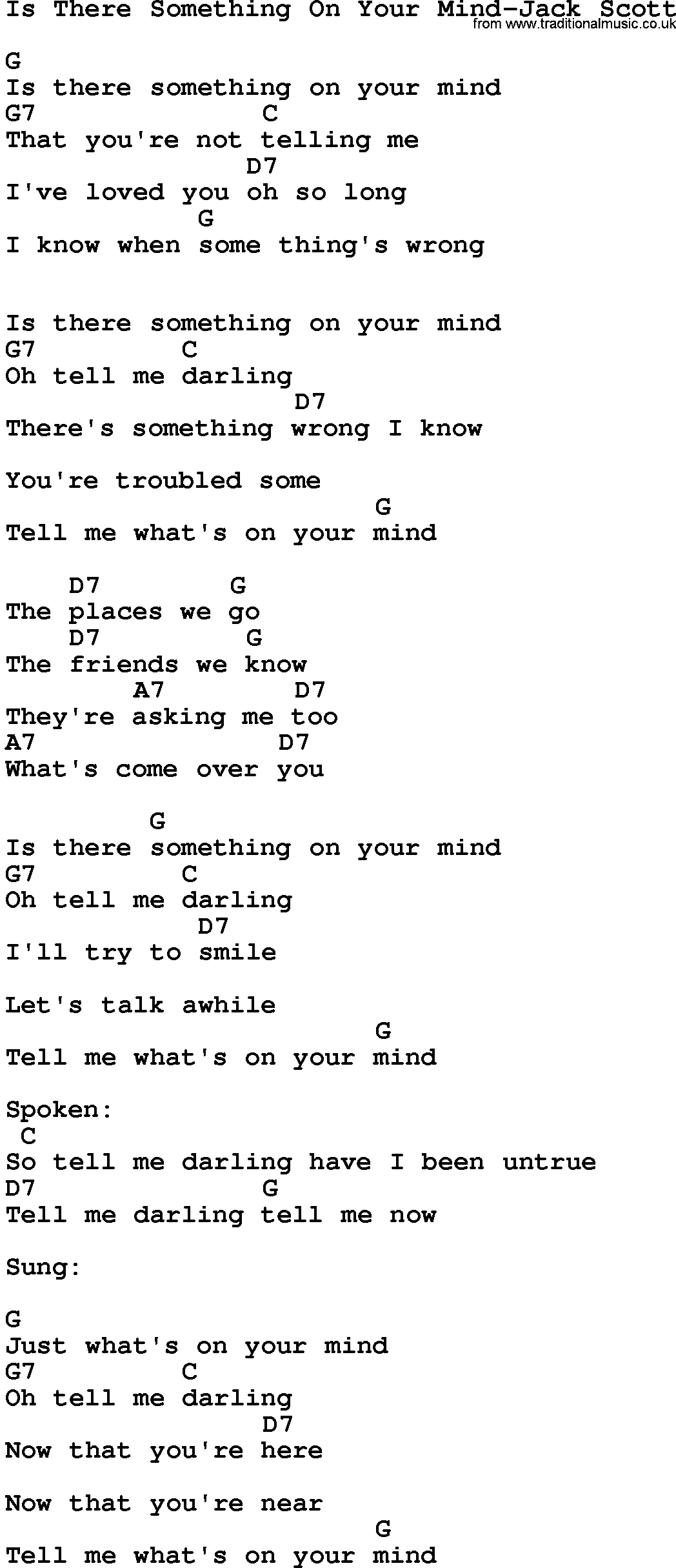 Country music song: Is There Something On Your Mind-Jack Scott lyrics and chords