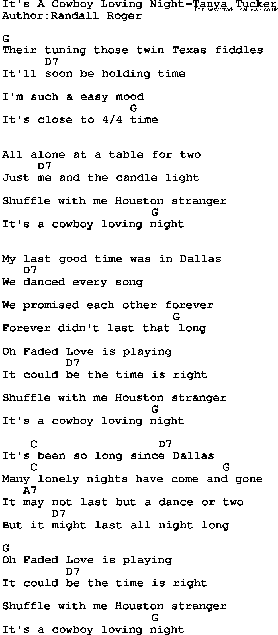 Country music song: It's A Cowboy Loving Night-Tanya Tucker lyrics and chords