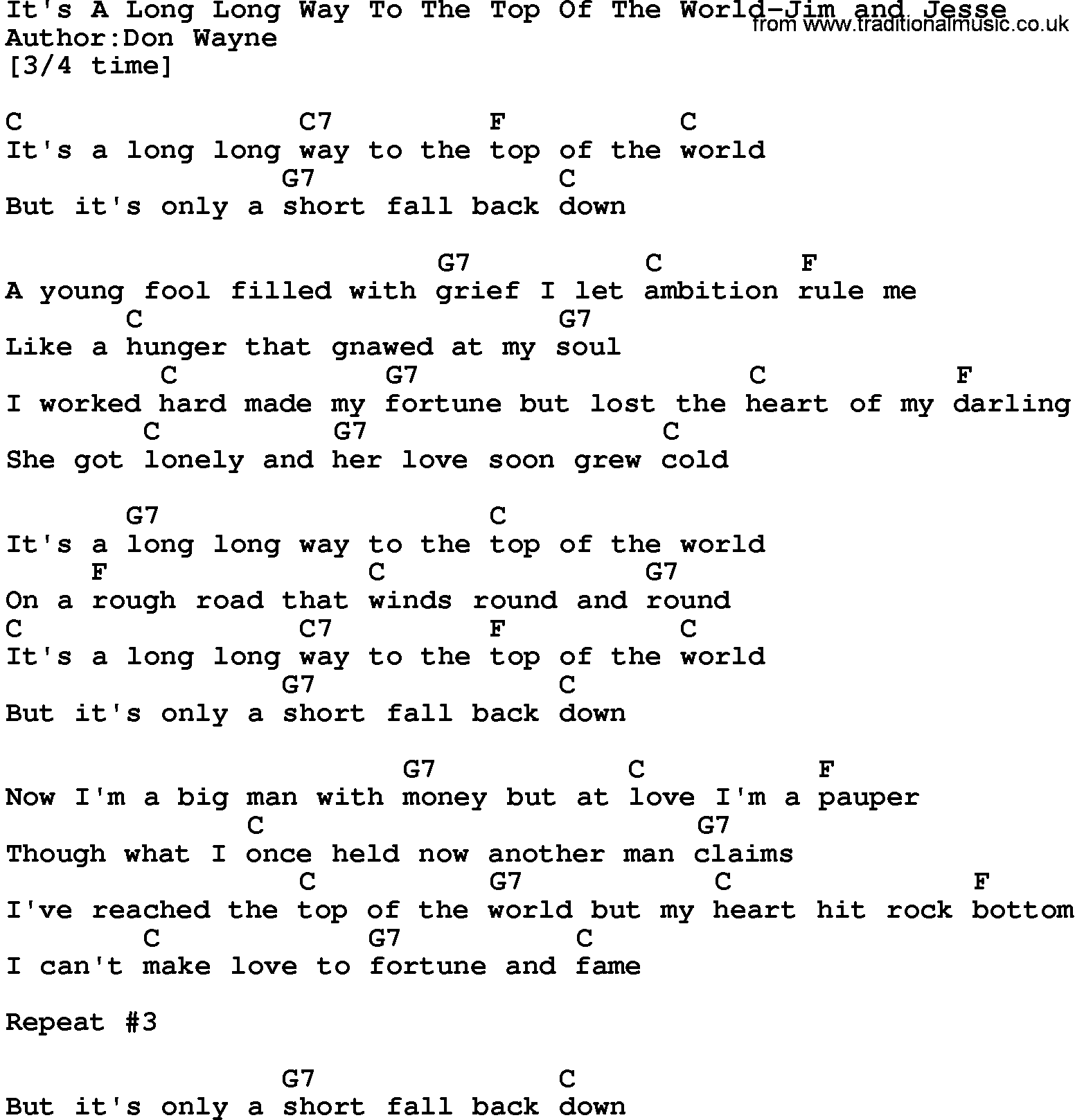 Country music song: It's A Long Long Way To The Top Of The World-Jim And Jesse lyrics and chords