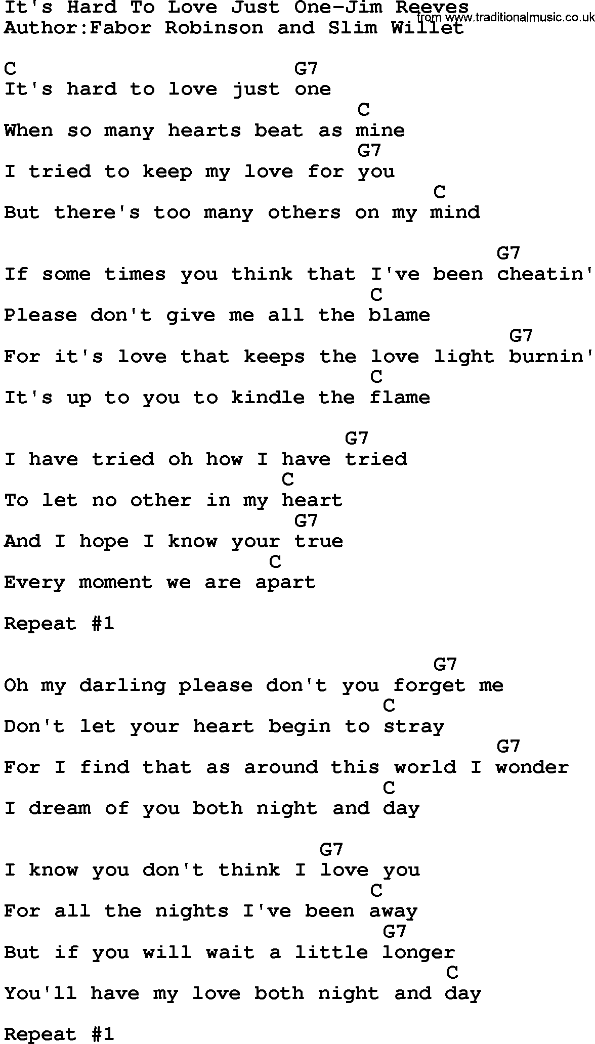 Country music song: It's Hard To Love Just One-Jim Reeves lyrics and chords