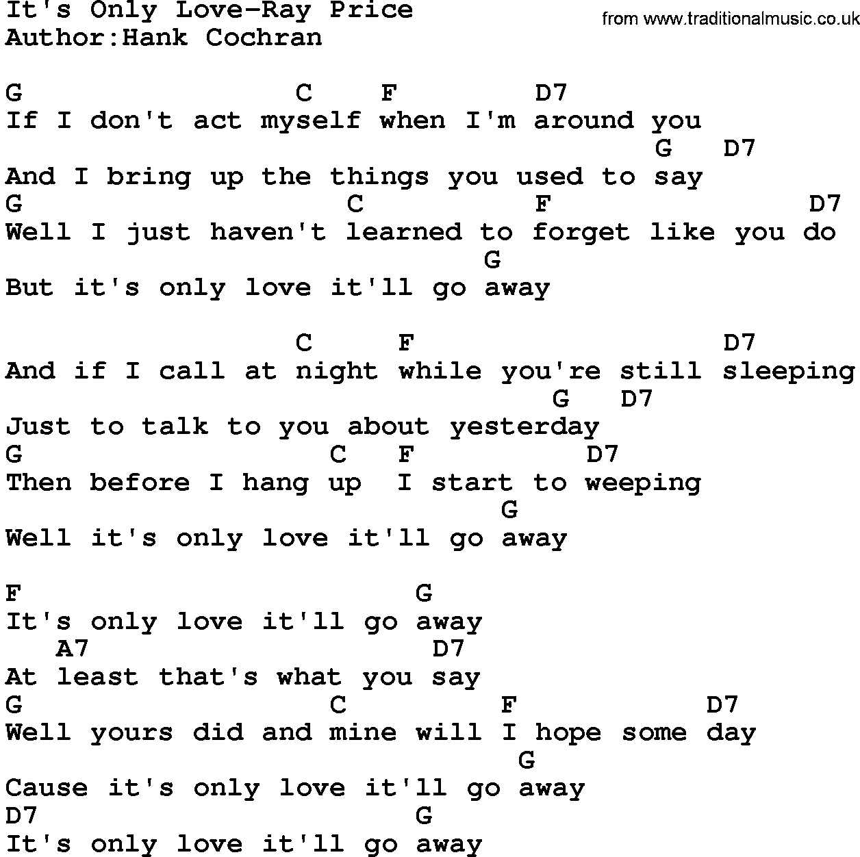 Country music song: It's Only Love-Ray Price lyrics and chords