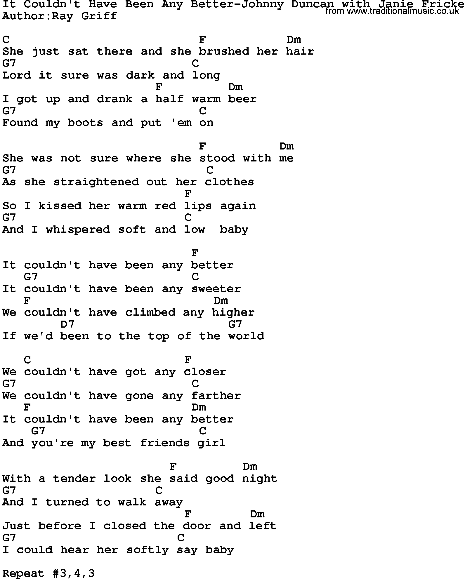 Country music song: It Couldn't Have Been Any Better-Johnny Duncan With Janie Fricke lyrics and chords