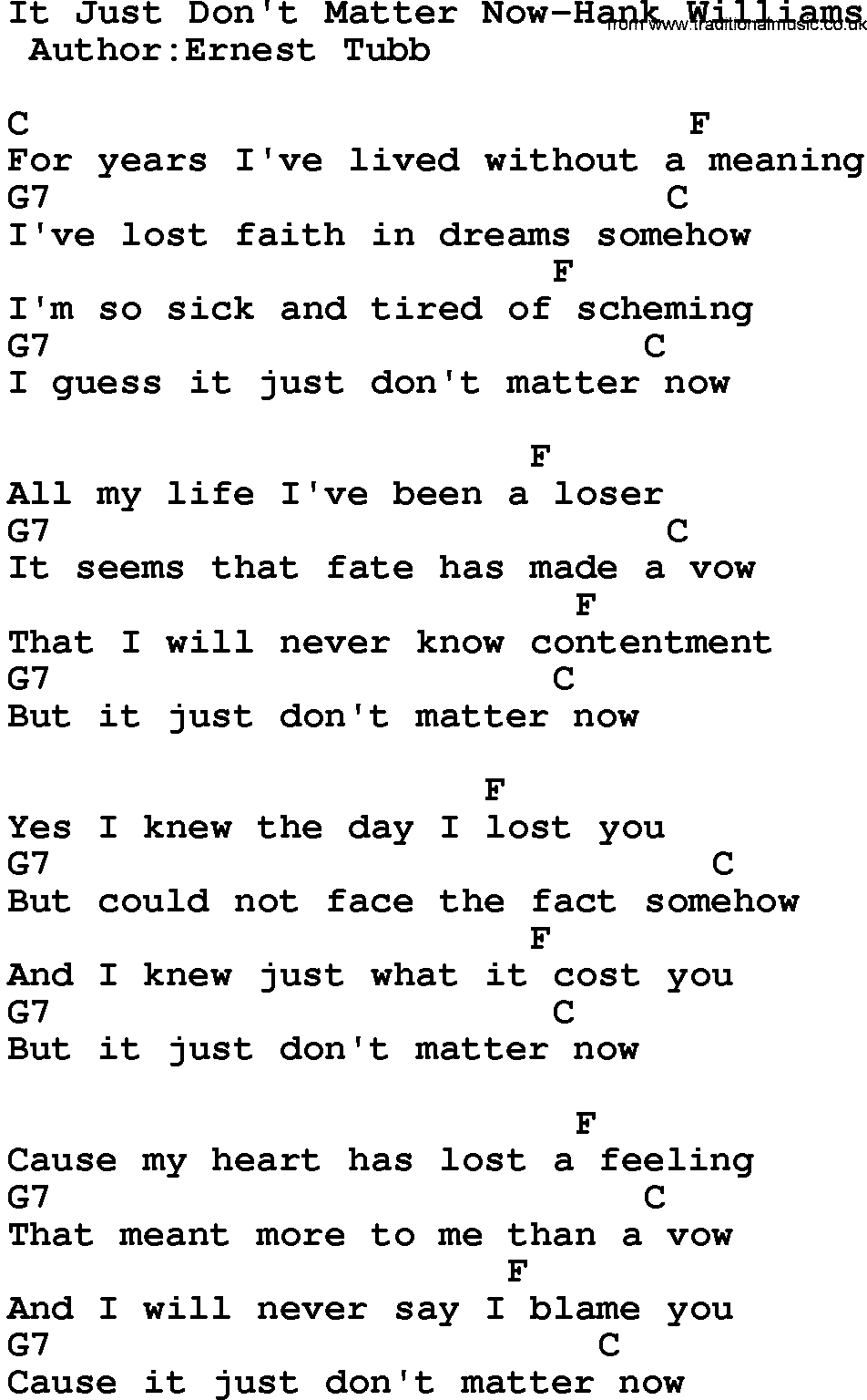 Country music song: It Just Don't Matter Now-Hank Williams lyrics and chords
