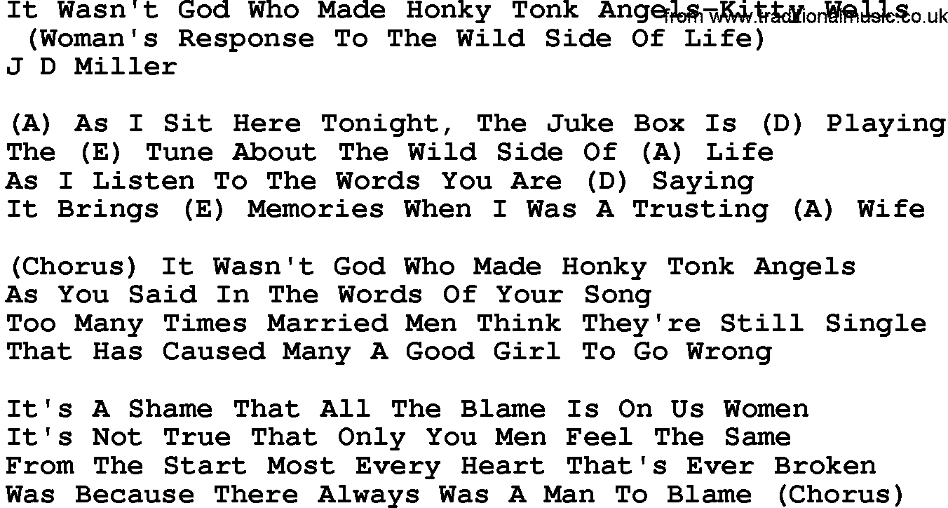 Country music song: It Wasn't God Who Made Honky Tonk Angels-Kitty Wells lyrics and chords