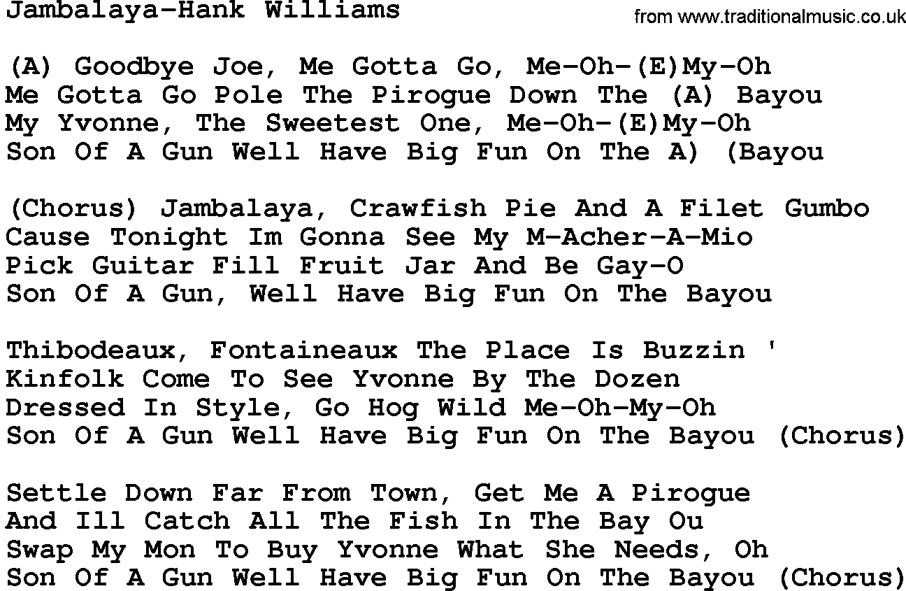 Country music song: Jambalaya-Hank Williams lyrics and chords
