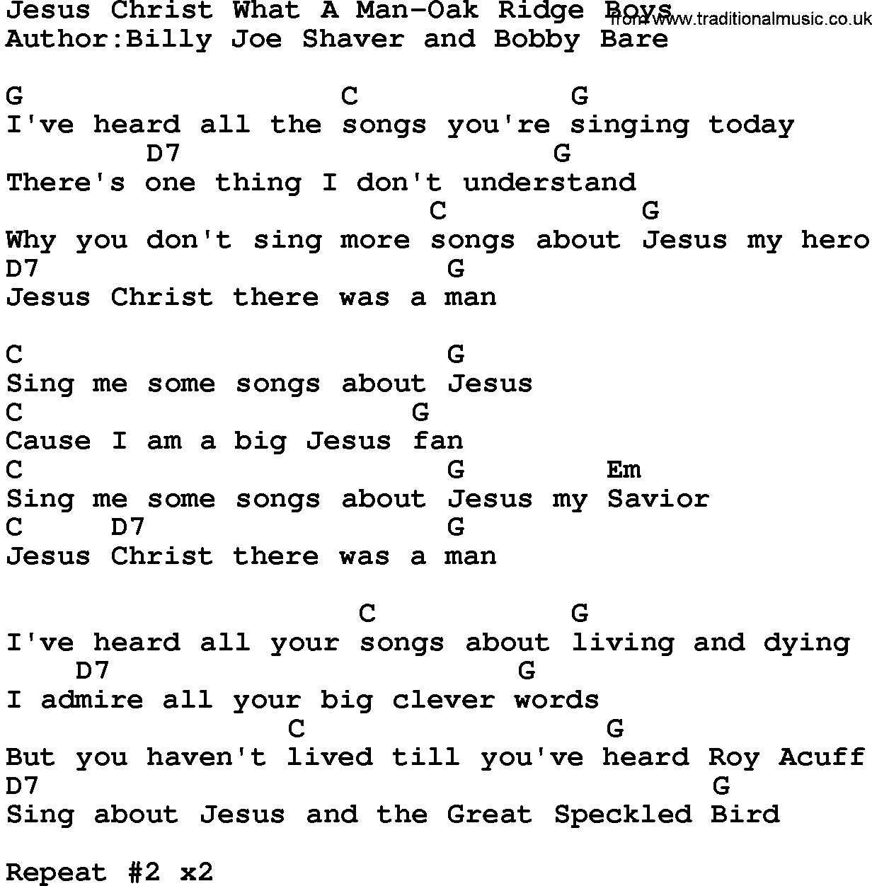 Country music song: Jesus Christ What A Man-Oak Ridge Boys lyrics and chords
