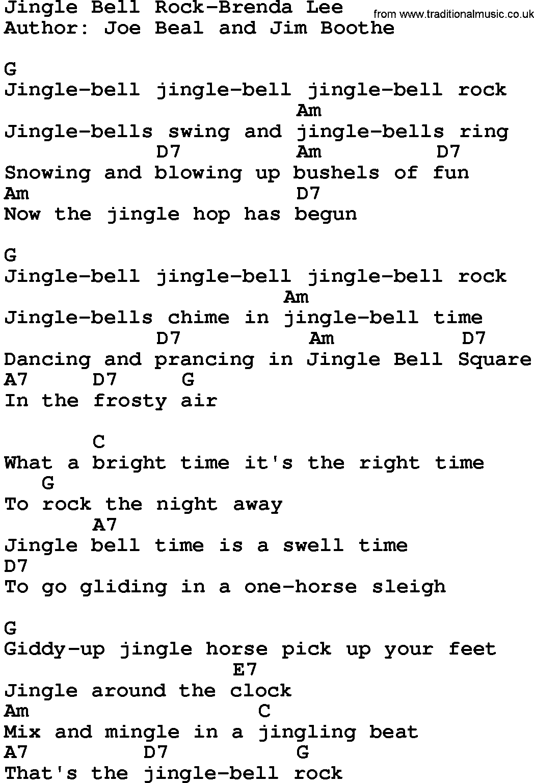 Country music song: Jingle Bell Rock-Brenda Lee lyrics and chords