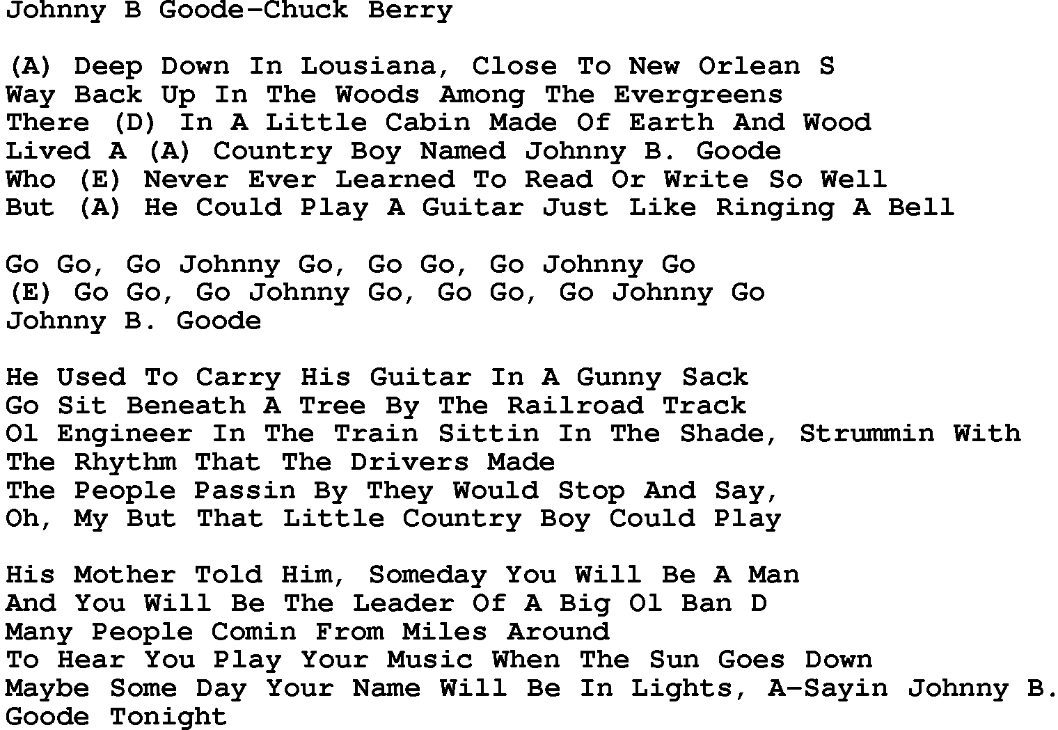 Country music song: Johnny B Goode-Chuck Berry lyrics and chords