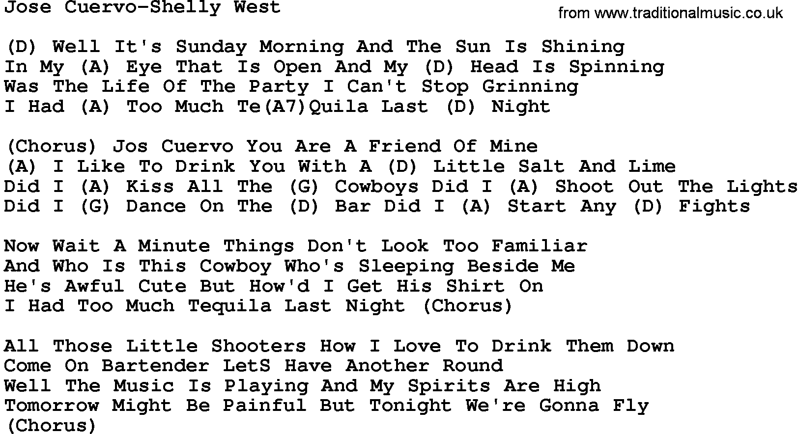 Country music song: Jose Cuervo-Shelly West lyrics and chords