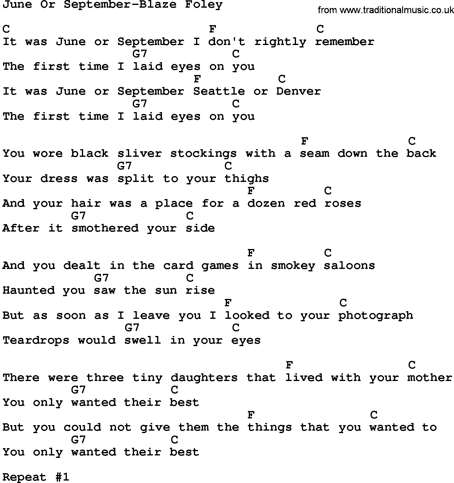 Country music song: June Or September-Blaze Foley lyrics and chords