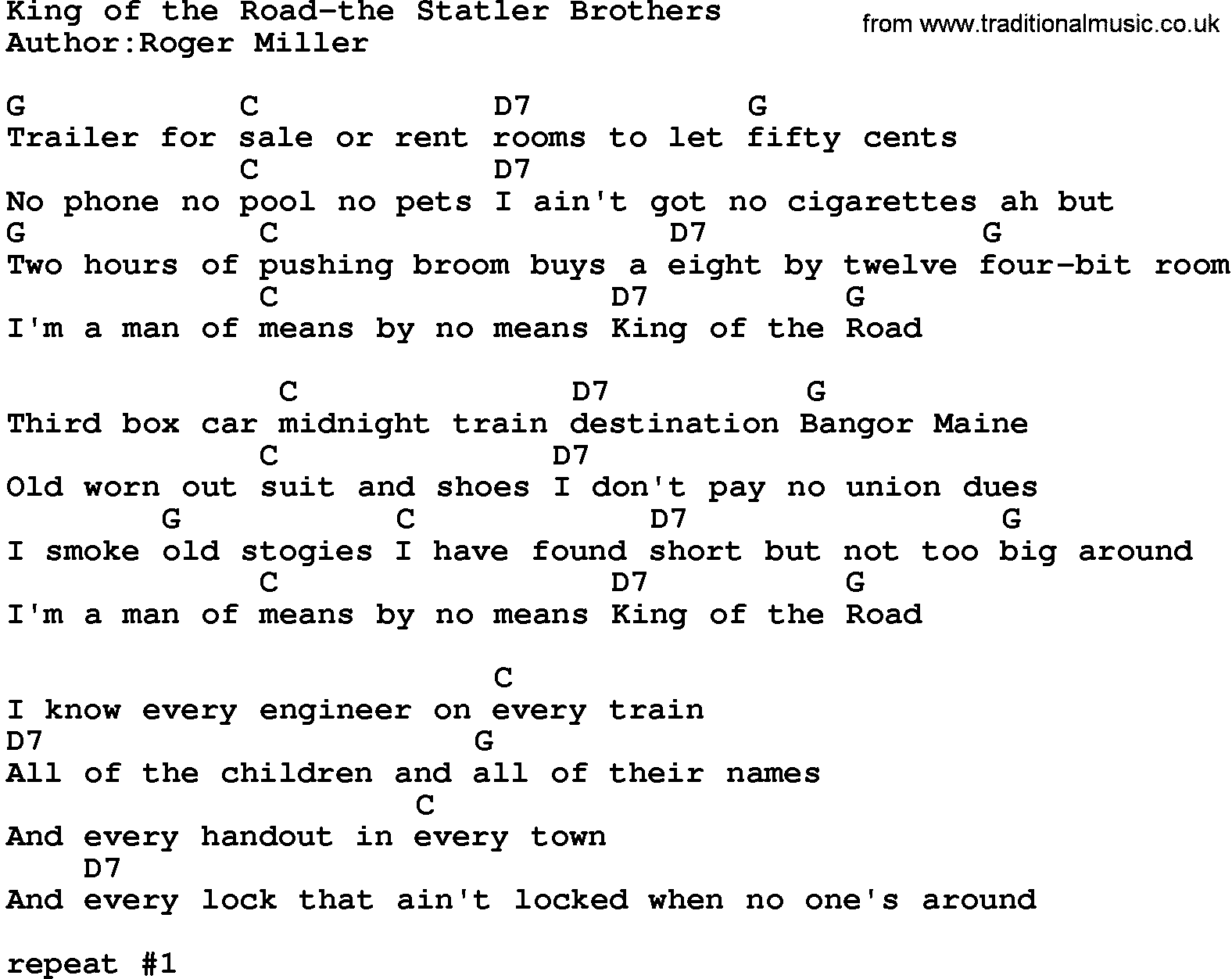 Country music song: King Of The Road-The Statler Brothers lyrics and chords