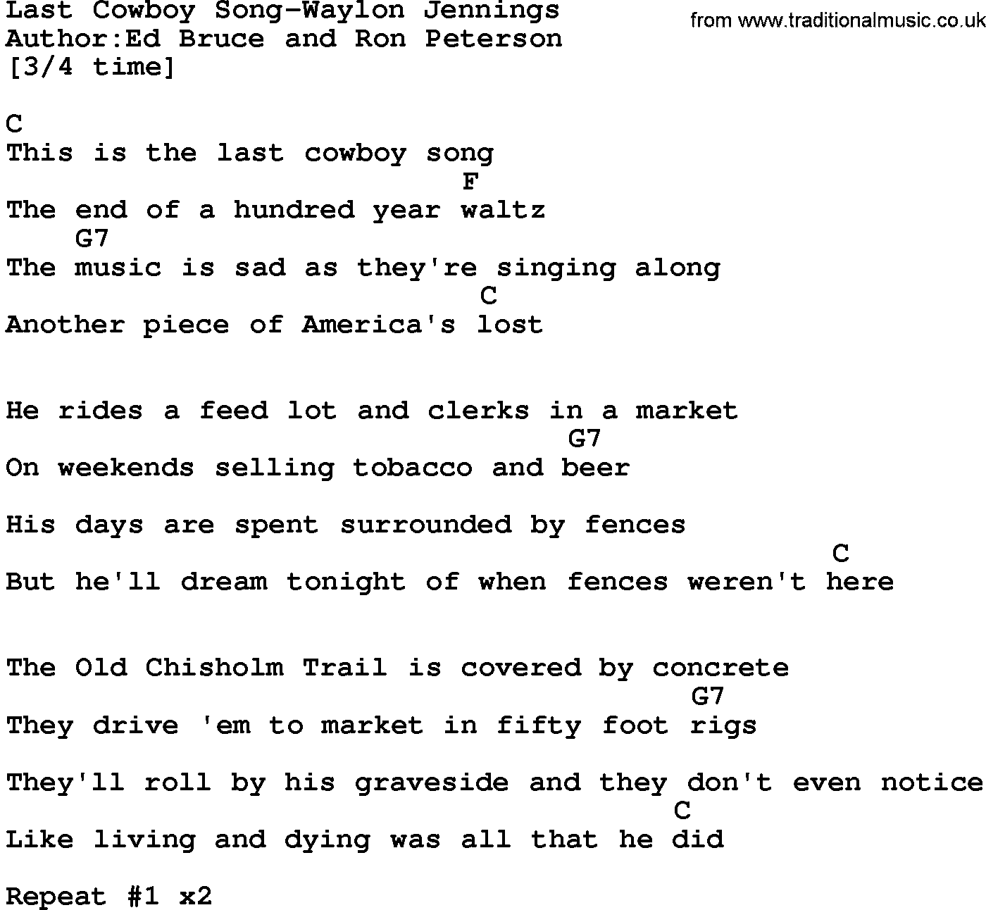 Country music song: Last Cowboy Song-Waylon Jennings lyrics and chords