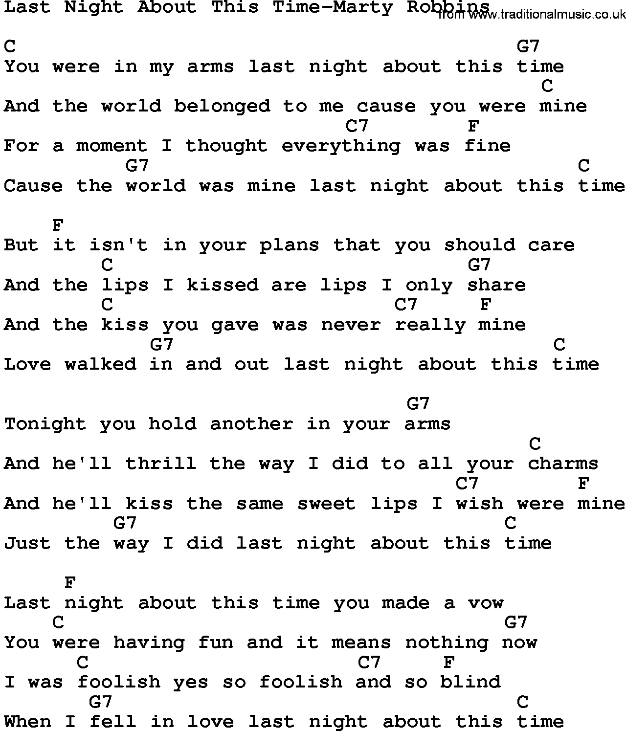 Country music song: Last Night About This Time-Marty Robbins lyrics and chords