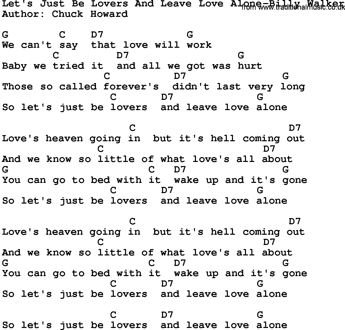 Country music song: Let's Just Be Lovers And Leave Love Alone-Billy Walker lyrics and chords