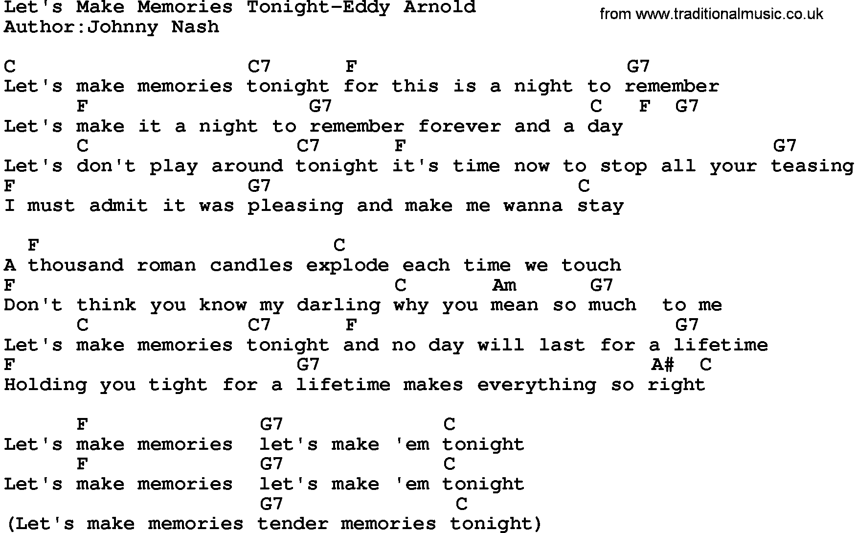 Country music song: Let's Make Memories Tonight-Eddy Arnold lyrics and chords