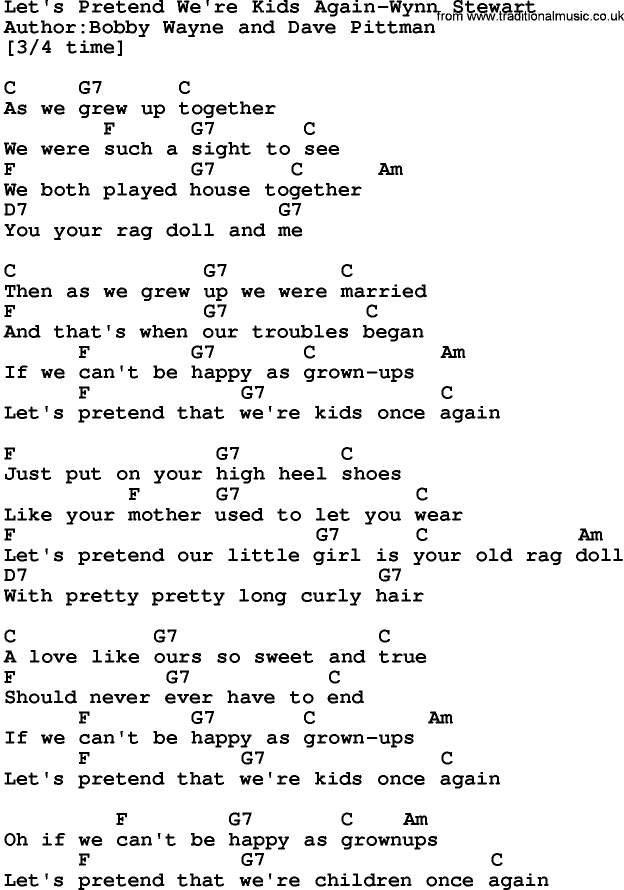 Country music song: Let's Pretend We're Kids Again-Wynn Stewart lyrics and chords