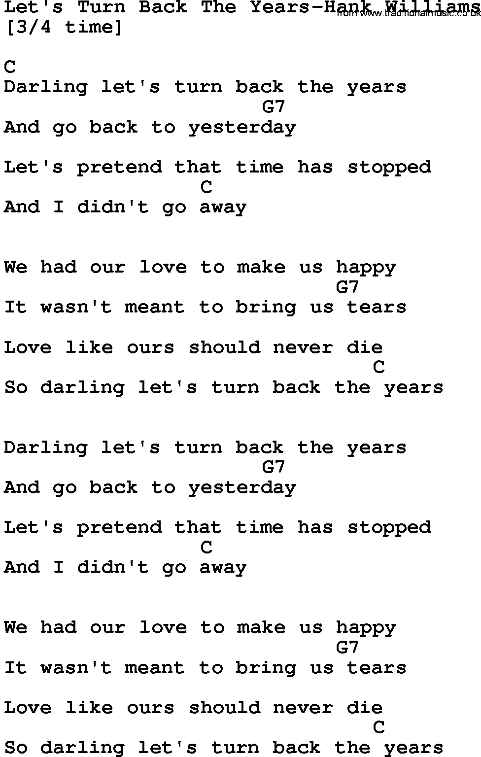Country music song: Let's Turn Back The Years-Hank Williams lyrics and chords