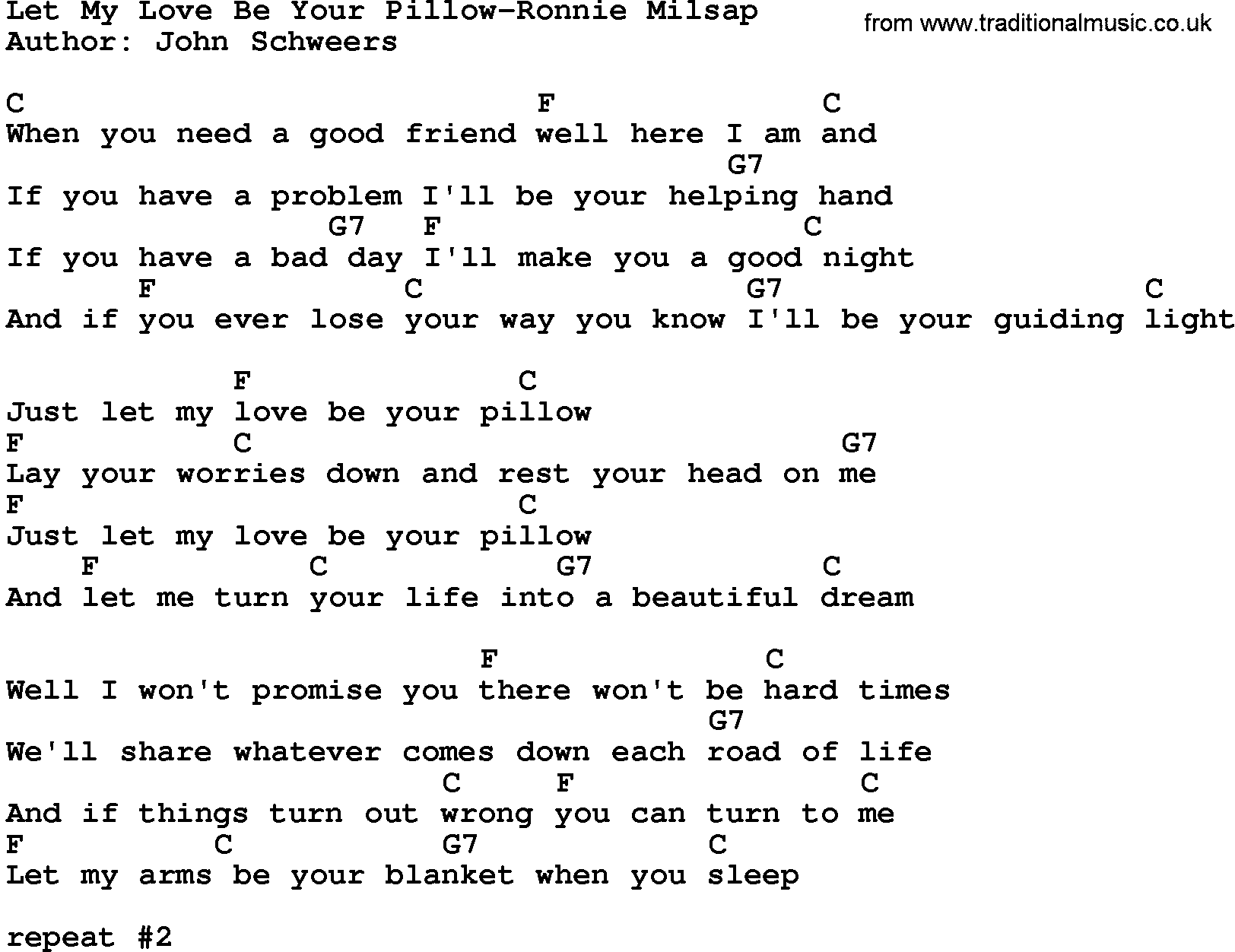 Country music song: Let My Love Be Your Pillow-Ronnie Milsap lyrics and chords
