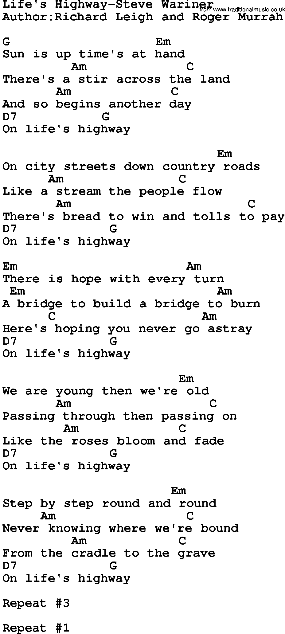 Country music song: Life's Highway-Steve Wariner lyrics and chords