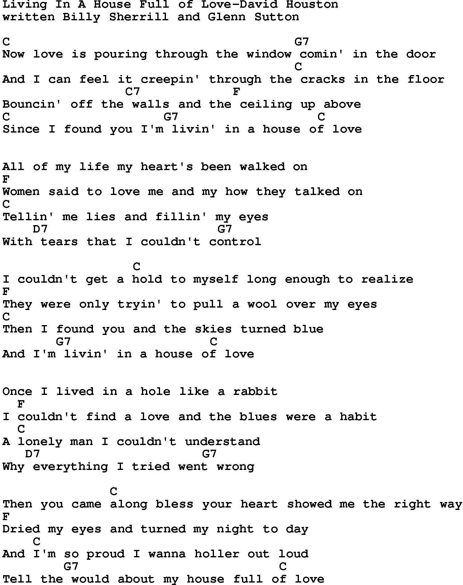 Country music song: Living In A House Full Of Love-David Houston lyrics and chords