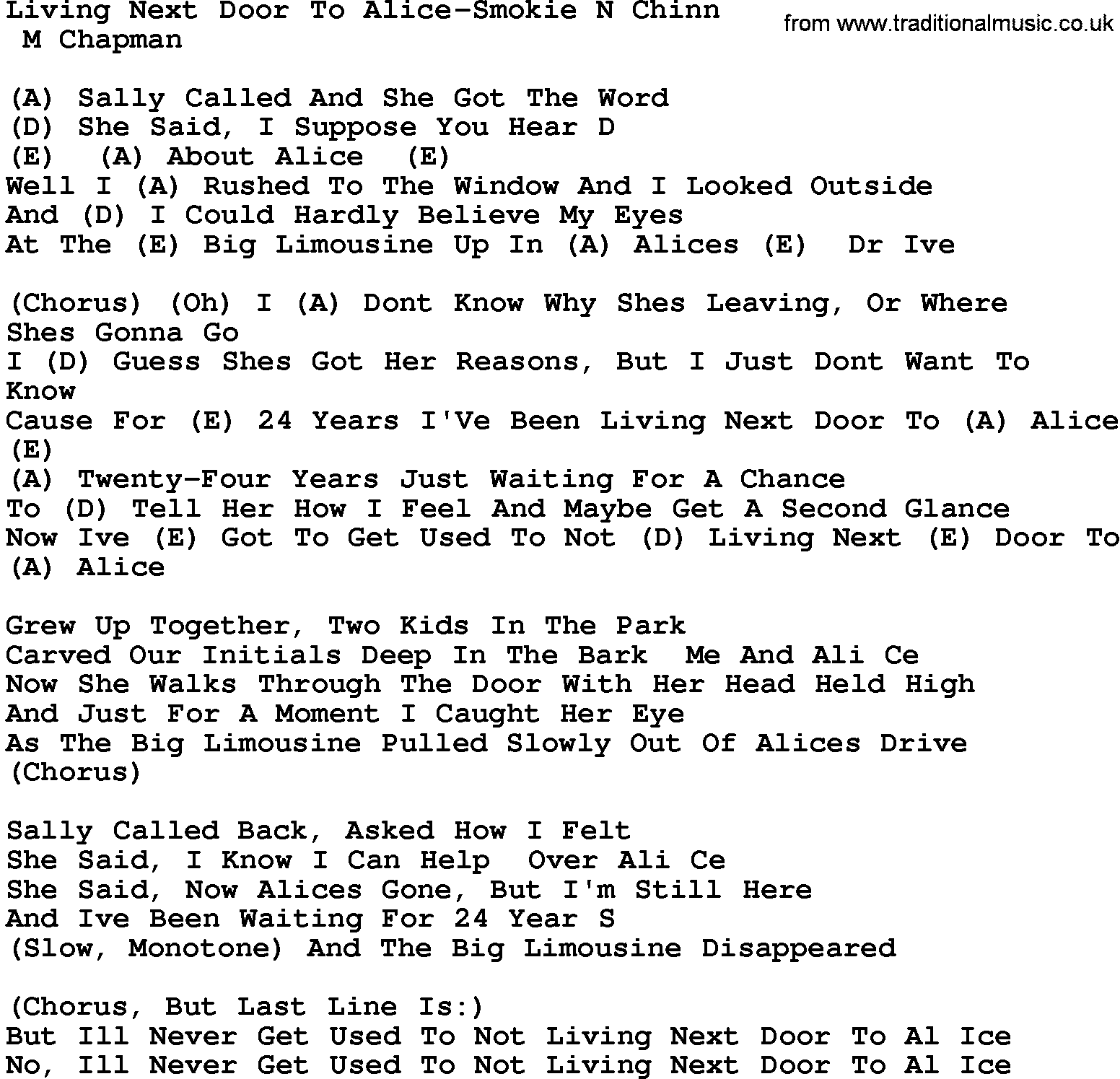Country music song: Living Next Door To Alice-Smokie N Chinn lyrics and chords