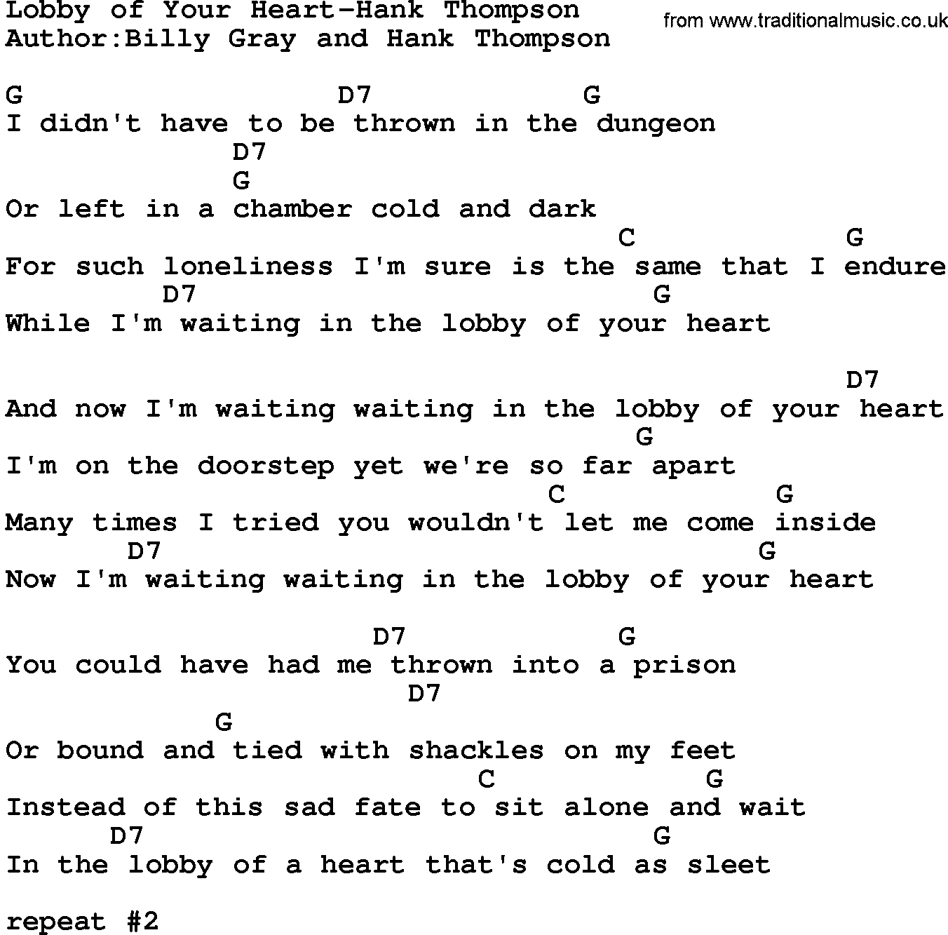 Country music song: Lobby Of Your Heart-Hank Thompson lyrics and chords