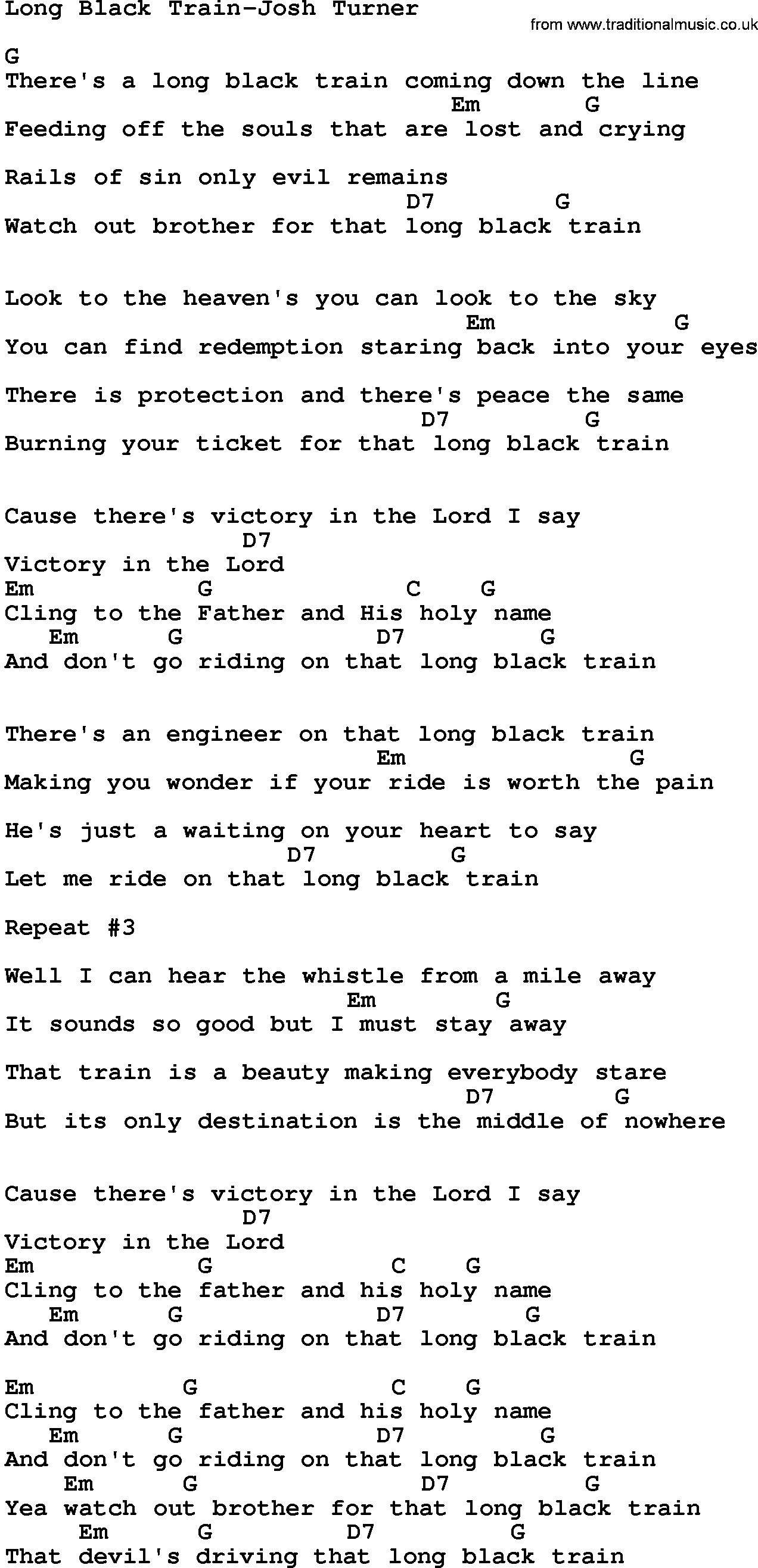 Country music song: Long Black Train-Josh Turner lyrics and chords