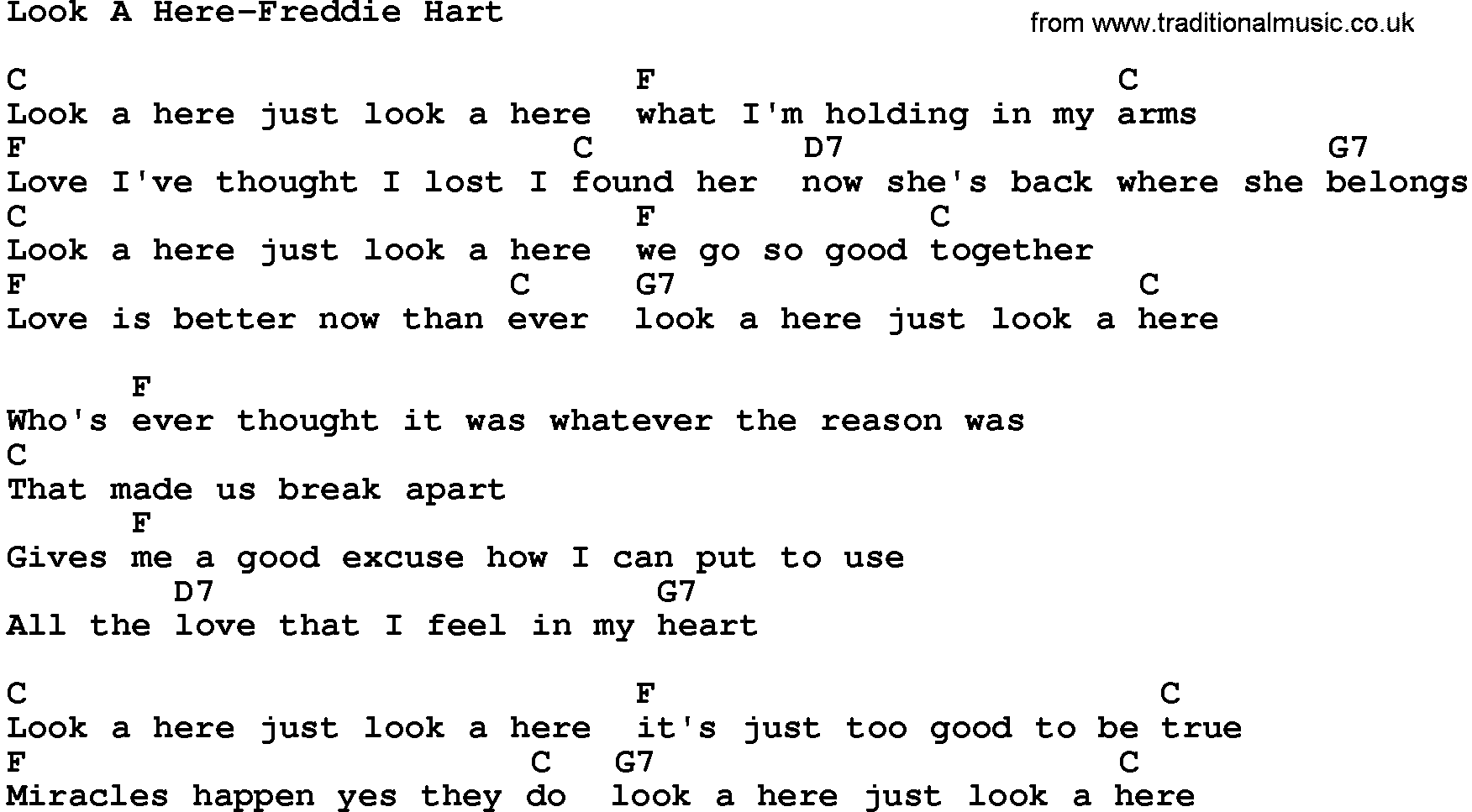 Country music song: Look A Here-Freddie Hart lyrics and chords