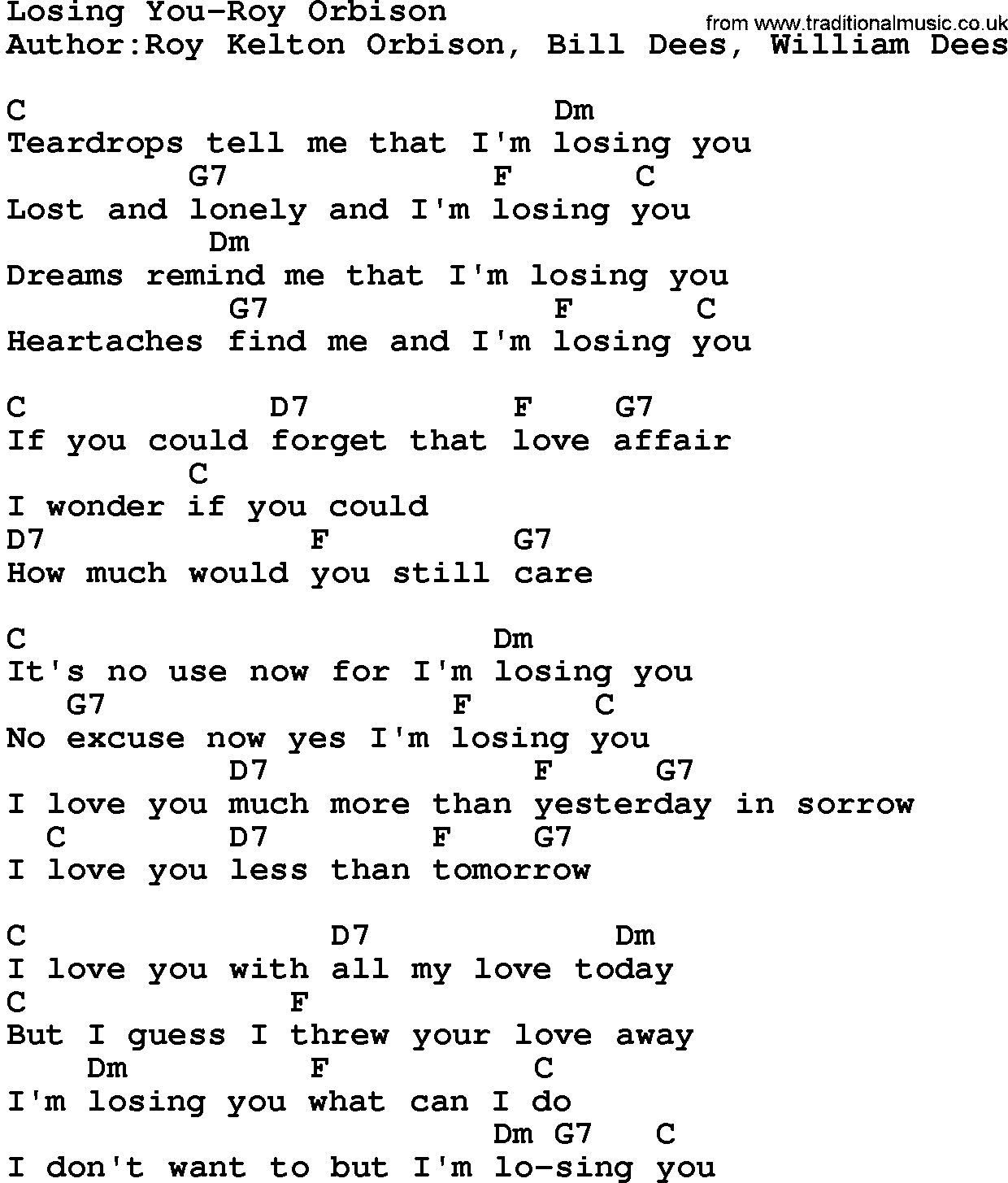 Country music song: Losing You-Roy Orbison lyrics and chords