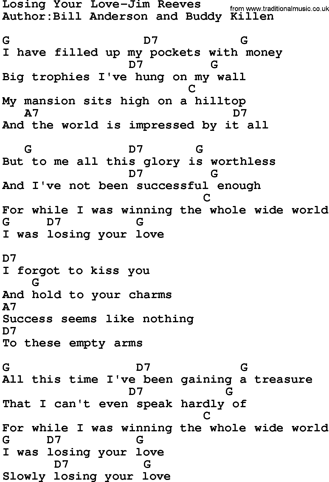 Country music song: Losing Your Love-Jim Reeves  lyrics and chords