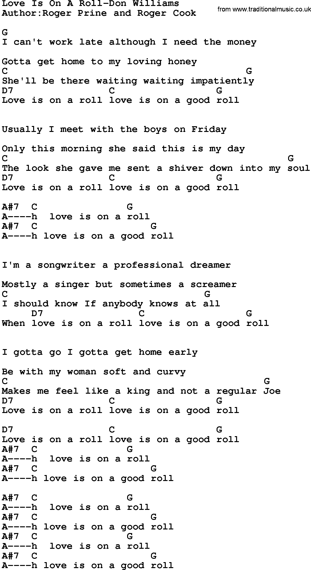Country music song: Love Is On A Roll-Don Williams lyrics and chords