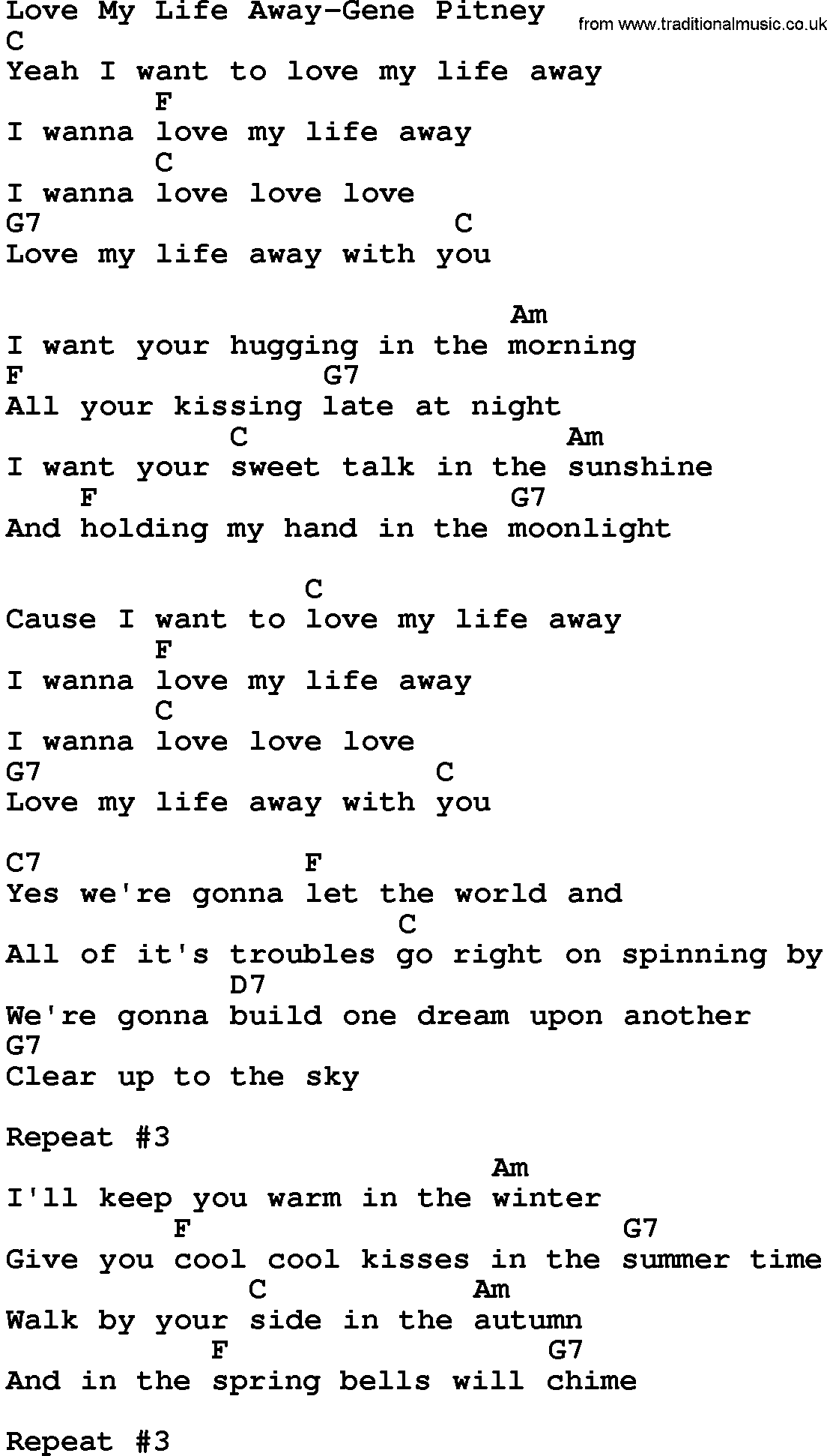 Country music song: Love My Life Away-Gene Pitney lyrics and chords