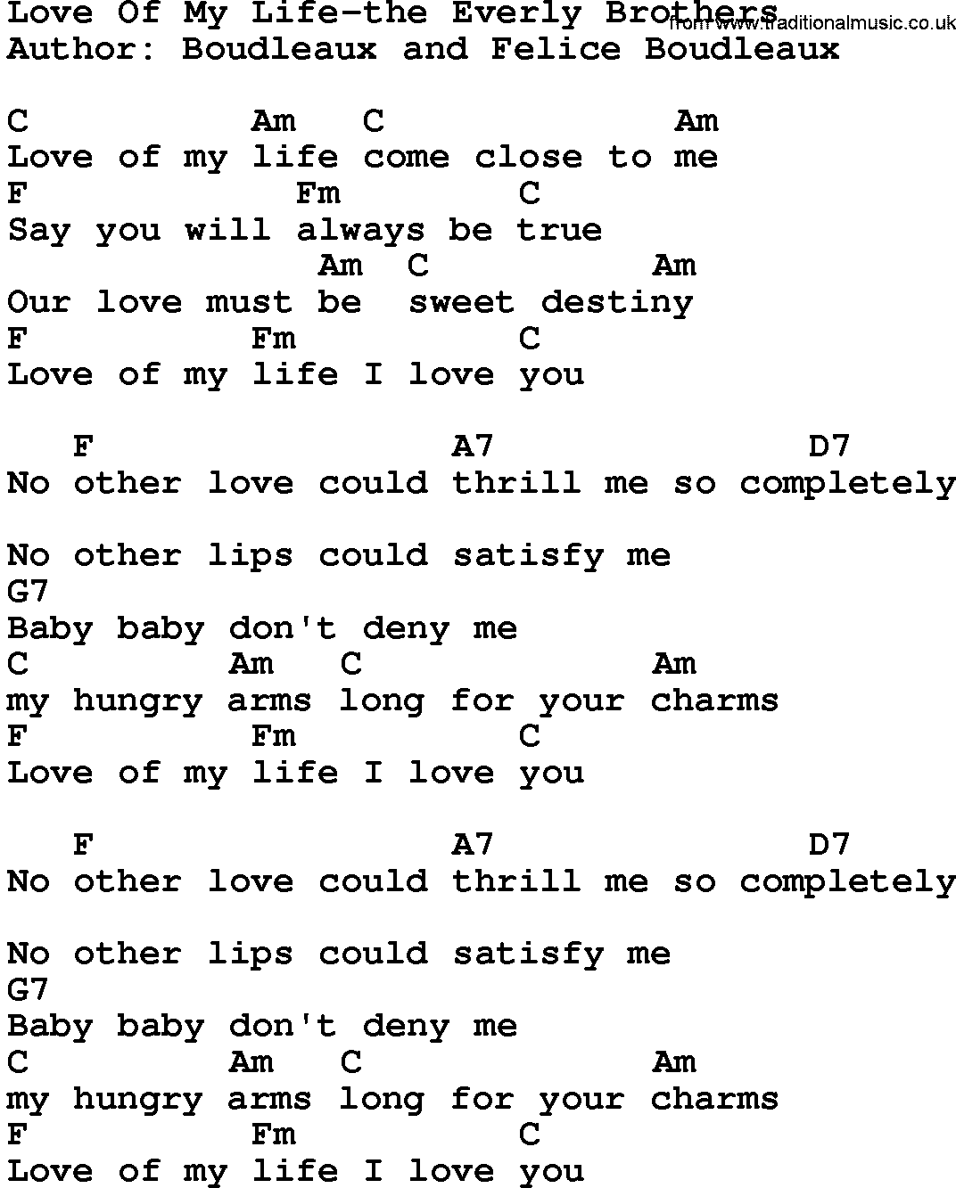 Country music song: Love Of My Life-The Everly Brothers lyrics and chords