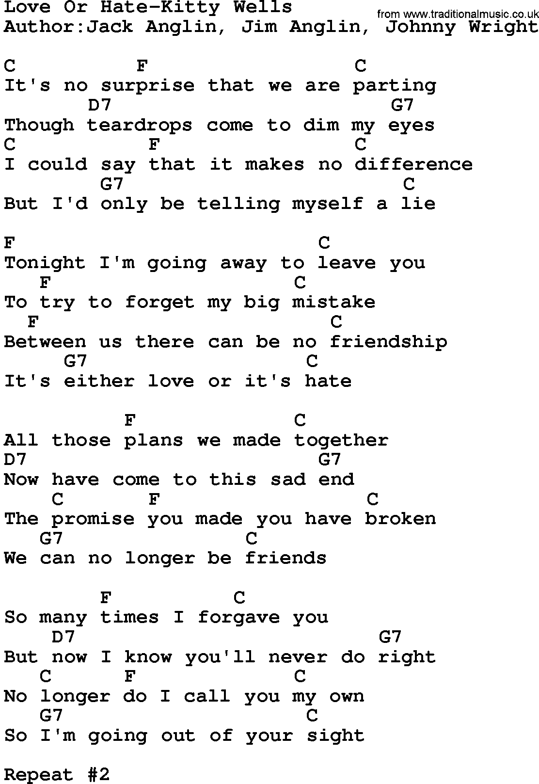 Country music song: Love Or Hate-Kitty Wells lyrics and chords