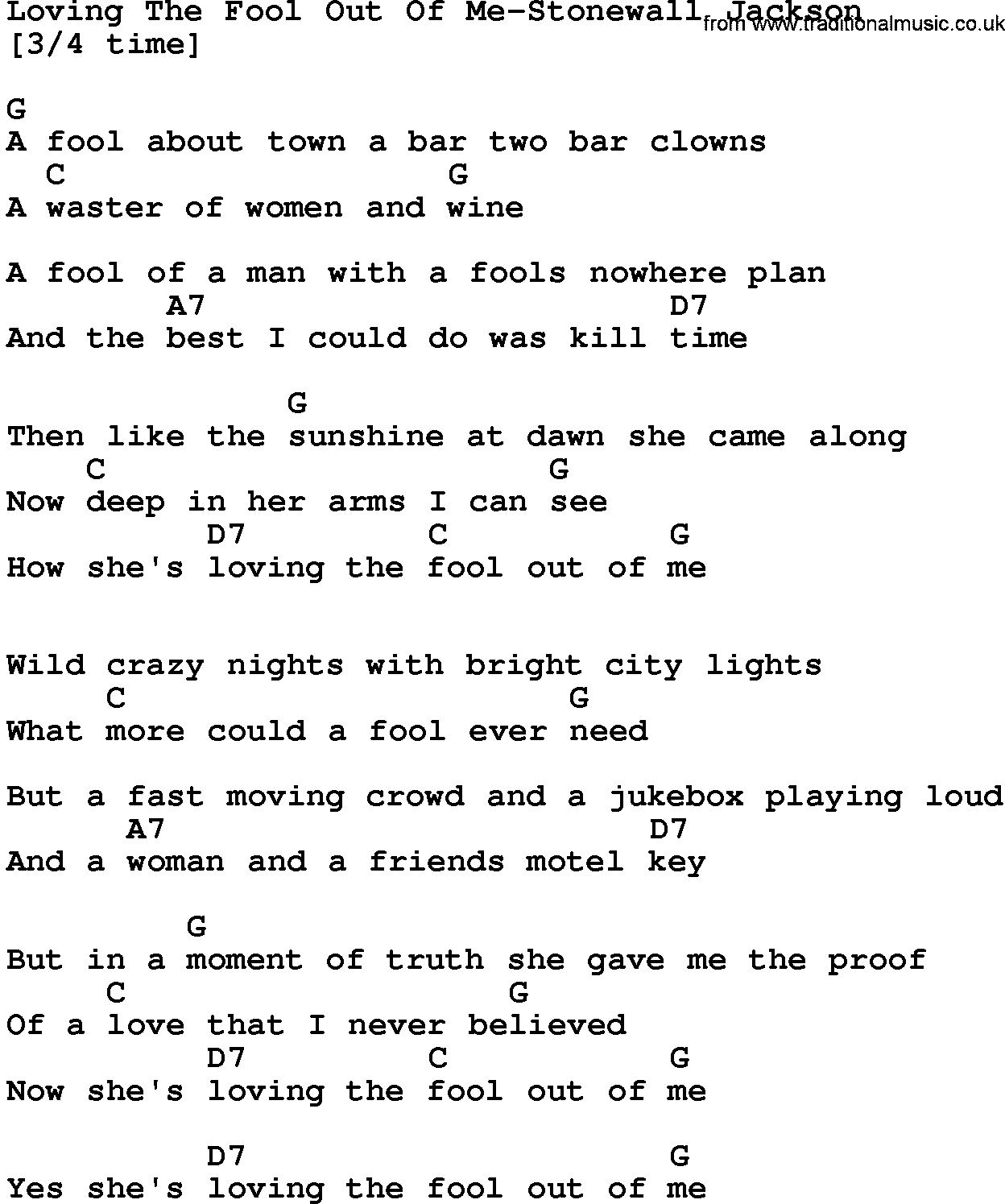Country music song: Loving The Fool Out Of Me-Stonewall Jackson lyrics and chords