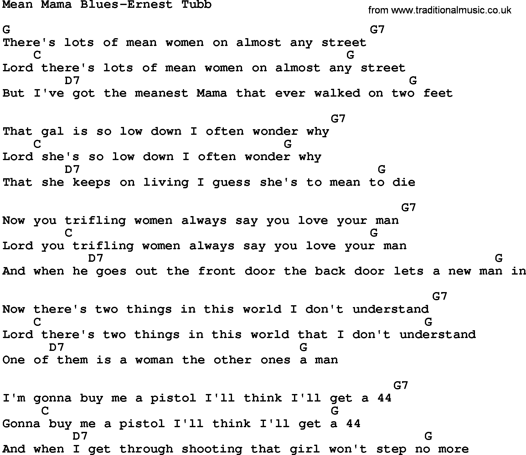 Country music song: Mean Mama Blues-Ernest Tubb lyrics and chords