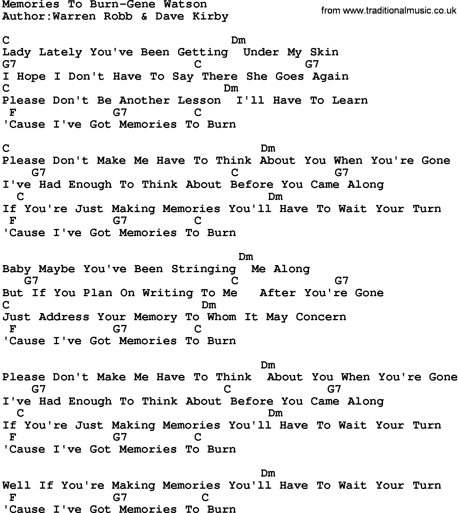 Country music song: Memories To Burn-Gene Watson lyrics and chords