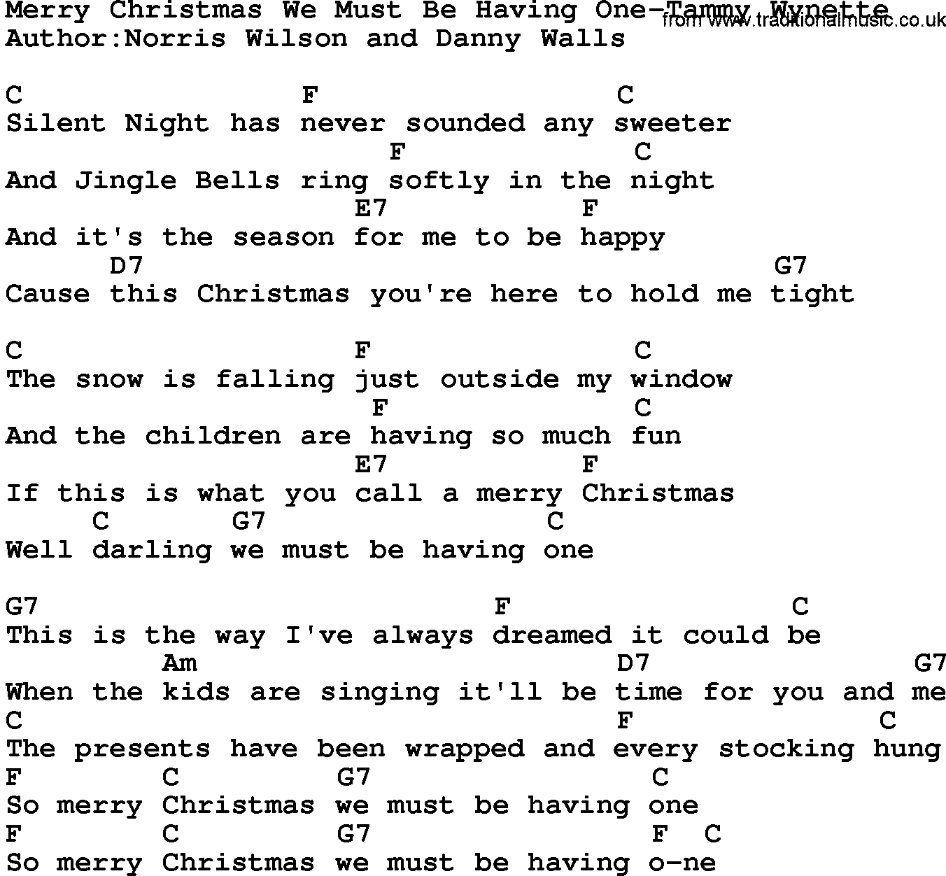 Country music song: Merry Christmas We Must Be Having One-Tammy Wynette lyrics and chords