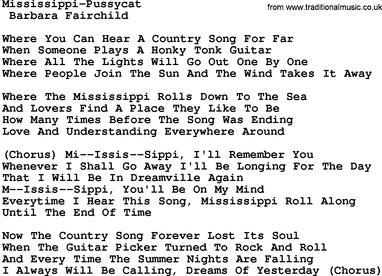 Country music song: Mississippi-Pussycat lyrics and chords