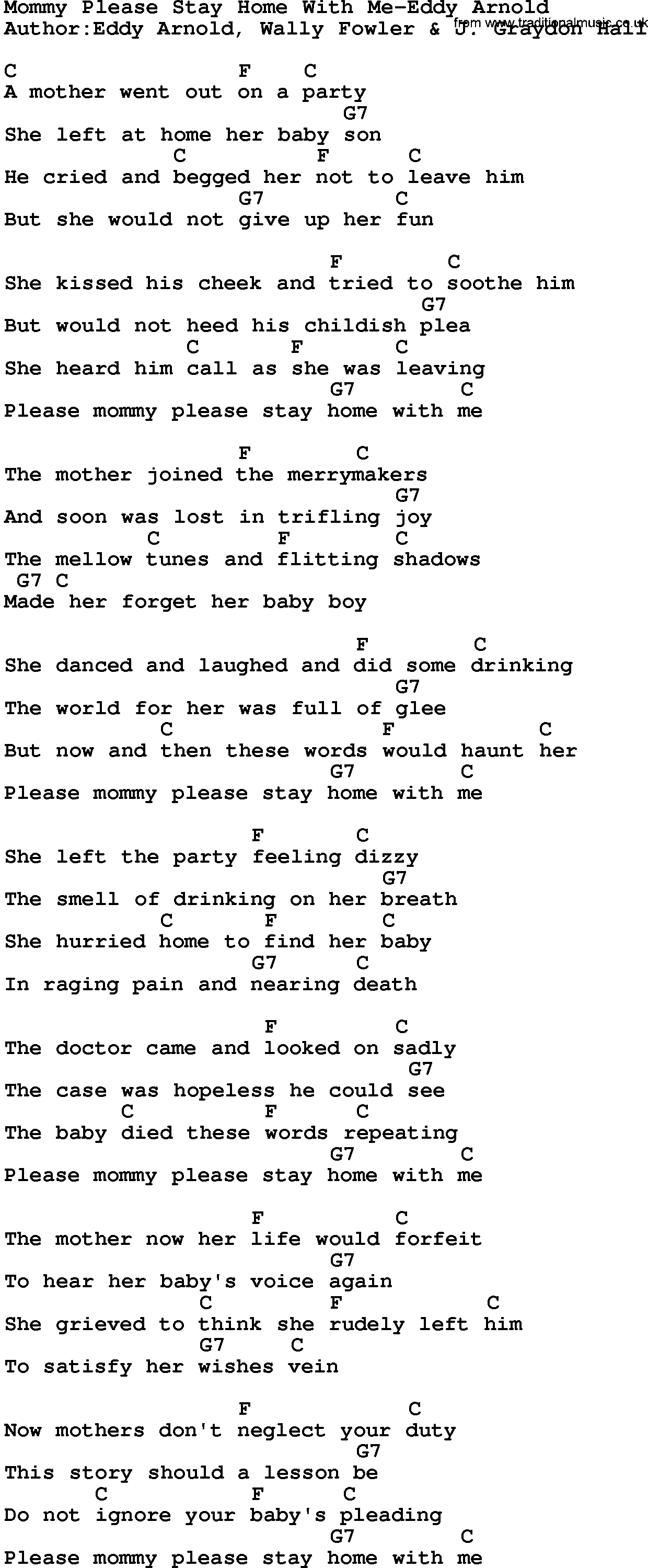 Country music song: Mommy Please Stay Home With Me-Eddy Arnold lyrics and chords