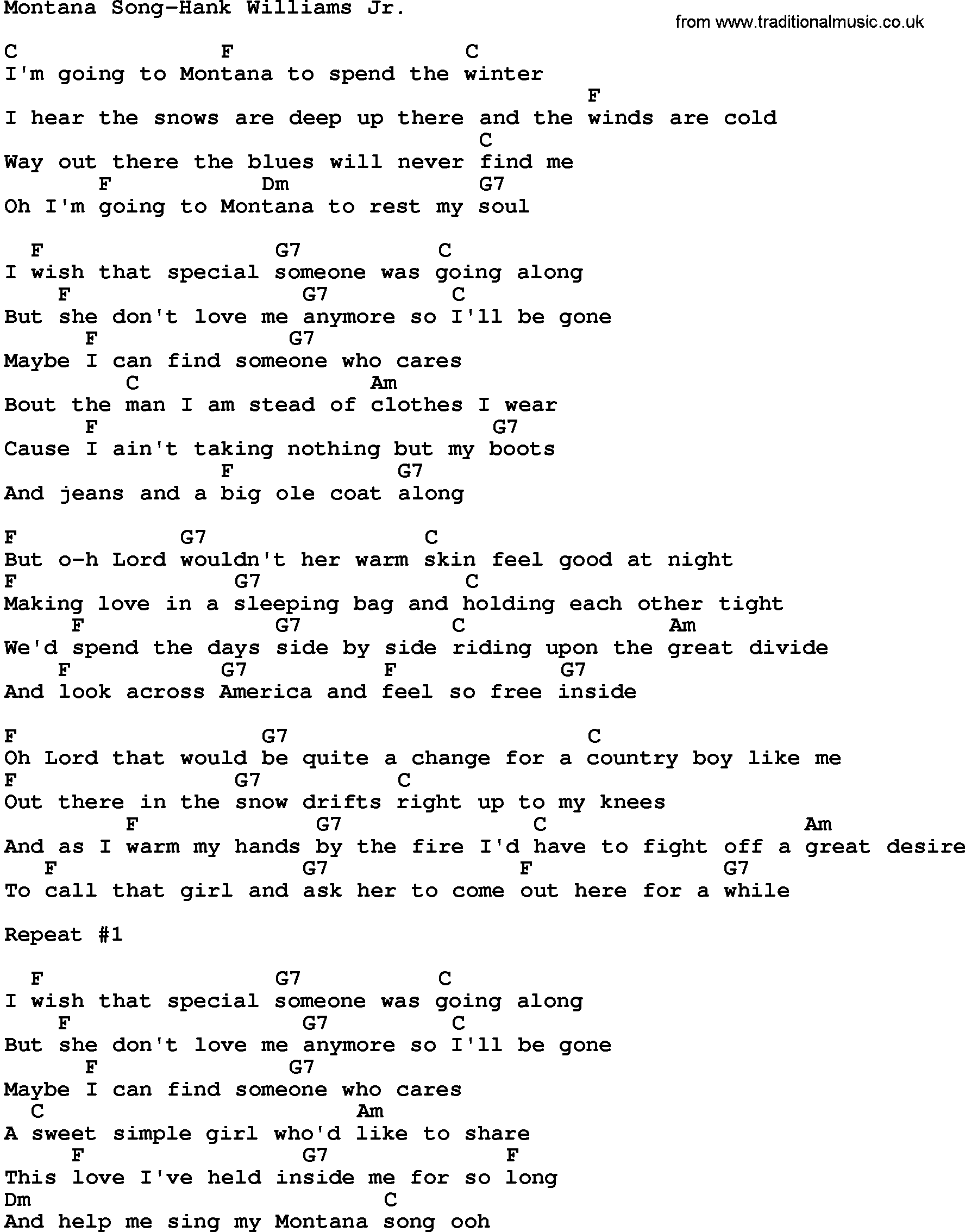 Country music song: Montana Song-Hank Williams Jr lyrics and chords