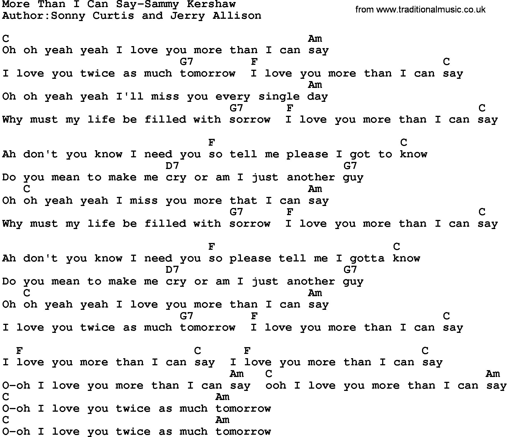 Country music song: More Than I Can Say-Sammy Kershaw lyrics and chords