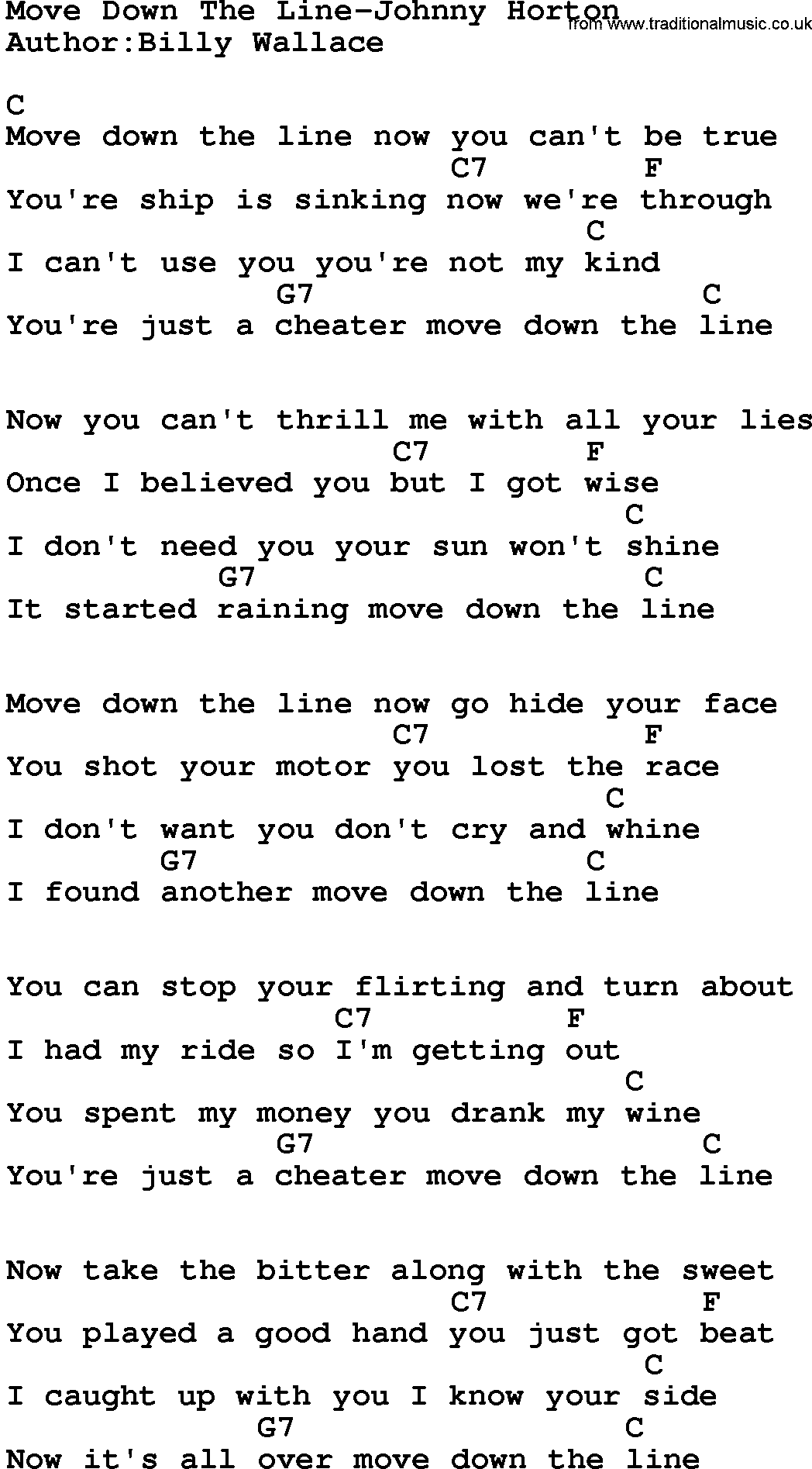 Country music song: Move Down The Line-Johnny Horton lyrics and chords