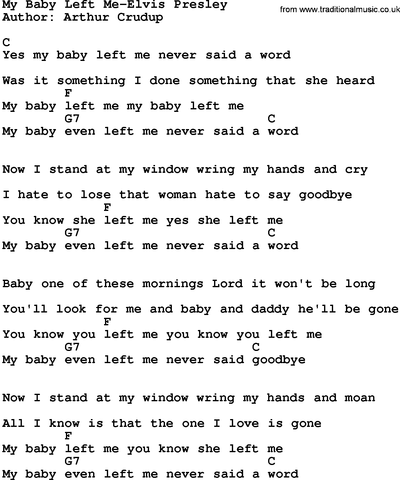 Country Music:My Baby Left Me-Elvis Presley Lyrics and Chords